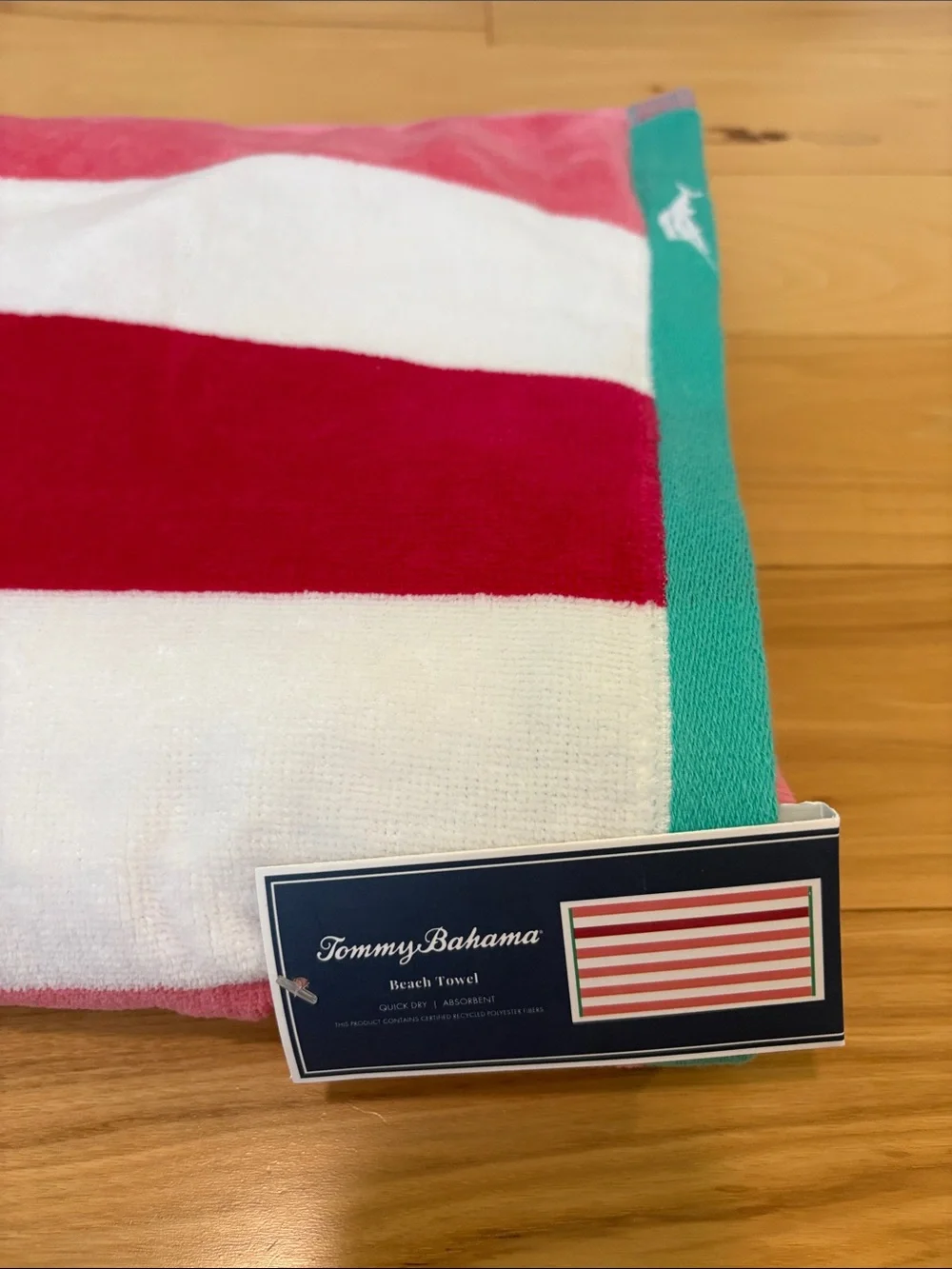 Tommy Bahama Pink Red White Striped Beach Towel with Teal Border